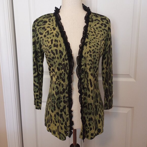 Awesome Green Black Animal Print Lurex Cardigan sz M Chiffon Ruffle Front - Picture 7 of 9